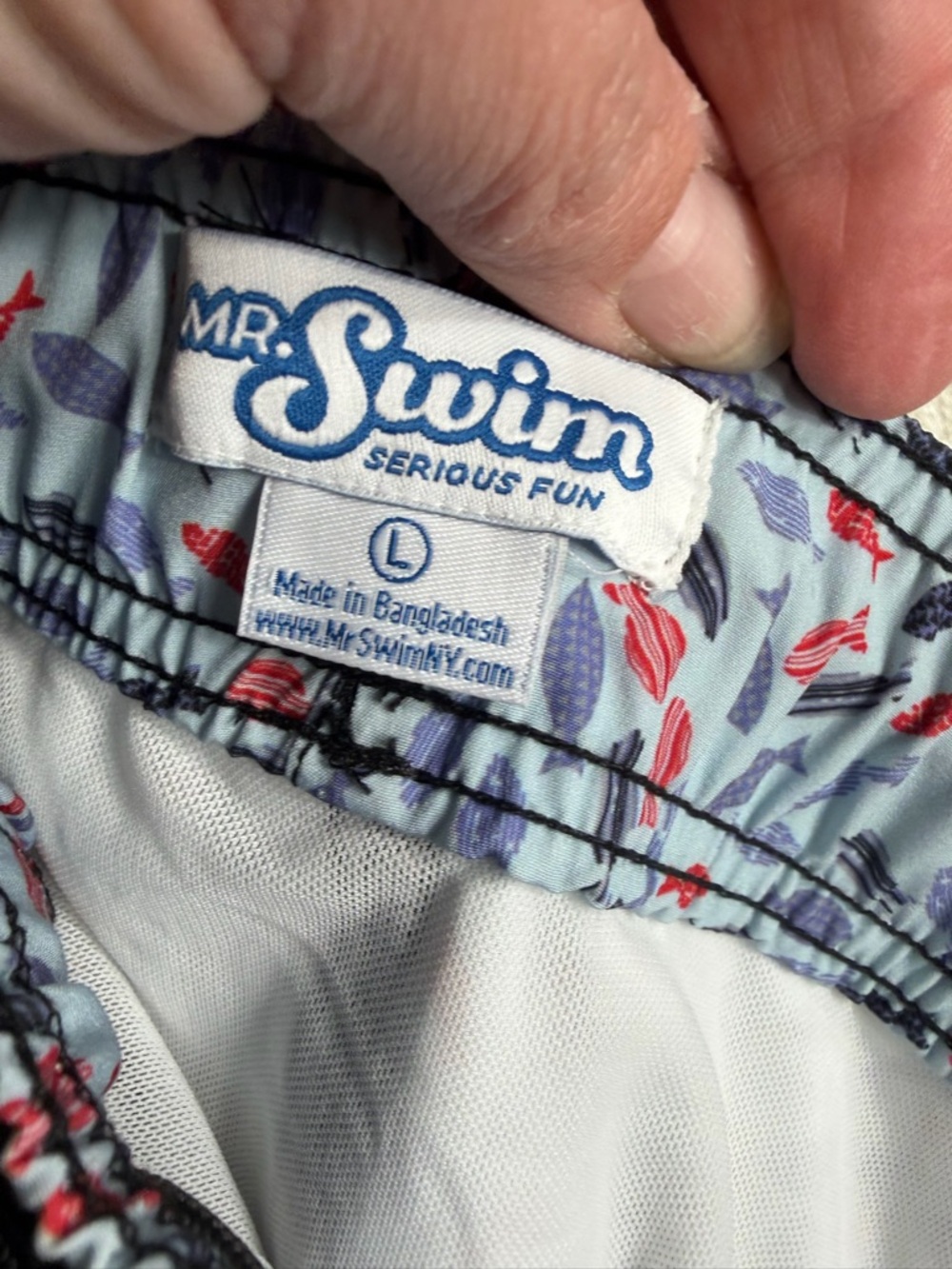 Mr Swim Fish Print Swim Trunks Blue Red Stretch Shorts Size L NWT Dad Style - Picture 7 of 7
